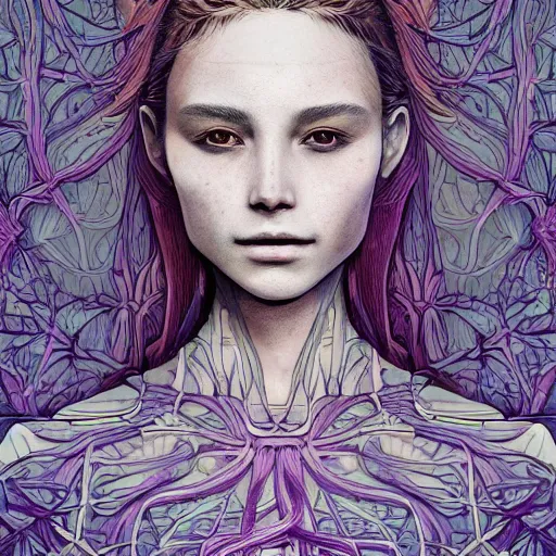 Image similar to the portrait of an incredibly beautiful woman made of potatoes roots and violets, an ultrafine detailed illustration by james jean, final fantasy, intricate linework, bright colors, behance contest winner, vanitas, angular, altermodern, unreal engine 5 highly rendered, global illumination, radiant light, detailed and intricate environment