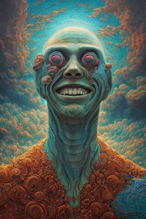 Image similar to 4K Stunningly detailed Ancient Beautiful portrait of a Smile inspired in beksinski and dan mumford work, 4K Upscale remixed with Simon Stalenhag work, sitting on the cosmic cloudscape