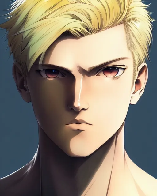 Prompt: portrait Anime Blonde Guy Short Hair Sharp fine face, pretty face, realistic shaded Perfect face, fine details. Anime. by makoto sinkai, katsuhiro otomo ghost in the shell movie scene, magali villeneuve, artgerm, rutkowski symmetrical, symmetrical features, coherent face-features