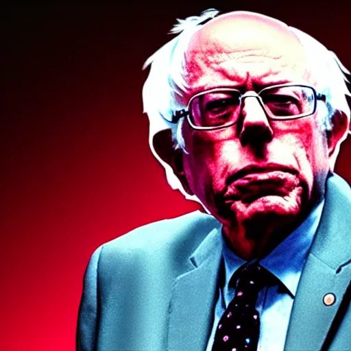 Image similar to bernie sanders with laser beams coming out of his eyes, synthwave