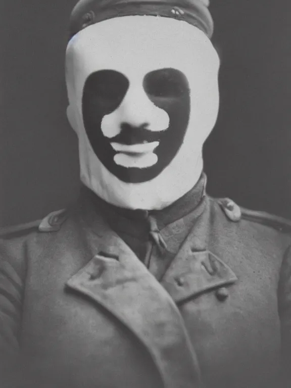 Image similar to portrait of man with rorschach mask, ww1 photo, grainy, high detail, high resolution,