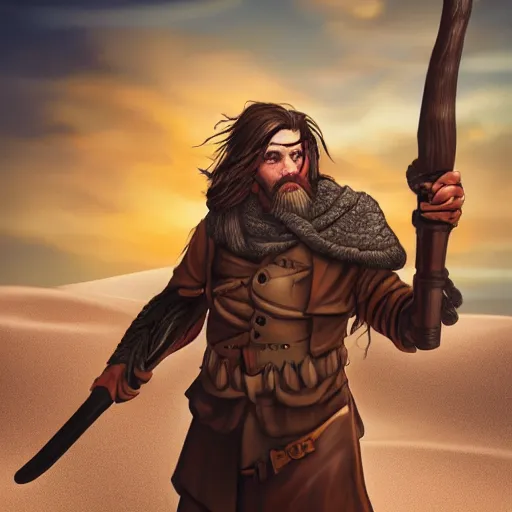 Image similar to a man holding a large blunderbuss. standing in a sand dune. colorful, bright, fantasy, artgerm, dnd, fantasy, rpg