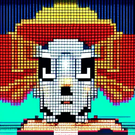 Prompt: 8 - bit pixelated clown becoming enlightened while wearing a virtual reality headset, cyberpunk style