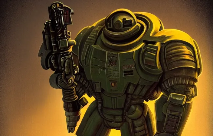 Image similar to doomguy, dieselpunk, photography, full height, front view, golden ratio