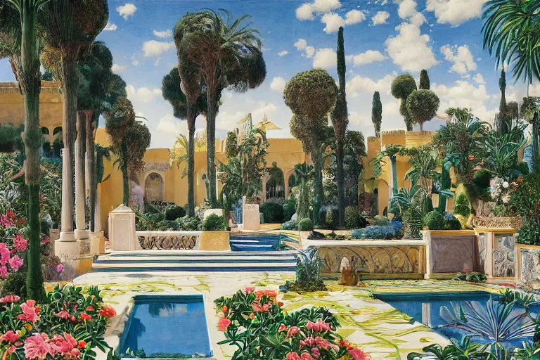 Image similar to painting of a beautiful moorish palace courtyard garden, by jan schmuckal and maxfield parrish and evelyn de morgan and waterhouse and dante rossetti, patterned tilework, palm trees, tiled fountains, sun and shade, extremely detailed, dramatic cinematic lighting, smooth sharp focus, featured on artstation