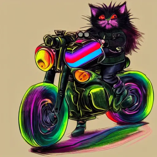 Image similar to wide angle full body, jacket wearing fluffy cute rainbow kitten wearing a black leather motorcycle jacket, riding on a motorcycle, cinematic concept art