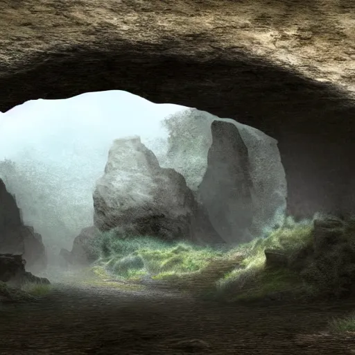 Image similar to a pre historic landscape seen through a cave entrance, digital art, trending on artstation