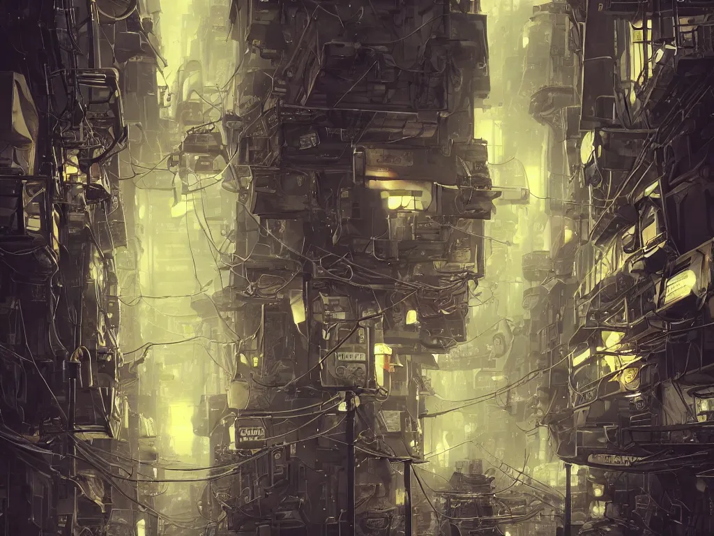 Image similar to ground in futuristic dieselpunk narrow street, cable stone ground. lots hanging cables, tiny wires on the ground. garbage on the ground. rain. fog, haze, evening. led screens. neon signs. very sharp. cables on the ground. very messy. futuristic. photorealistic. artstation. anime. studio gimbli style. golden rate.