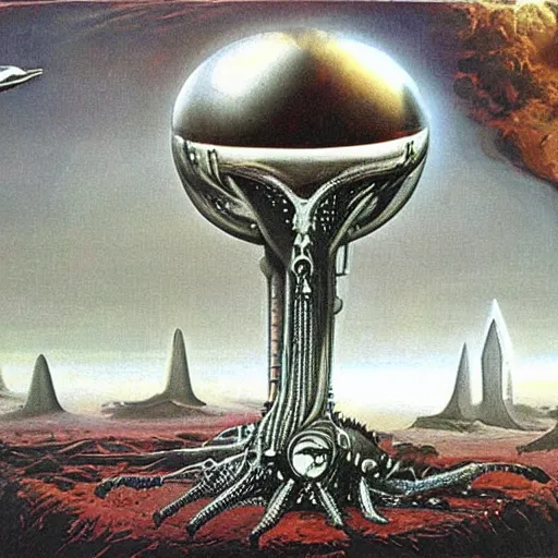 Image similar to landscape, alien sci-fi world, painting by H.R Giger