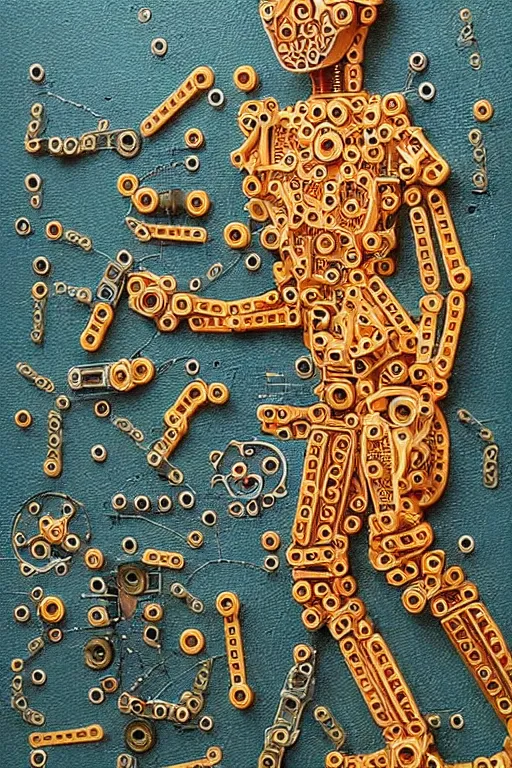 Image similar to a highly detailed retro futuristic female android with gears and other mechanical parts made out of pasta going for a walk outside, a robot made out of pasta, arms made out of spaghetti, eyes made out of macaroni, painting by Johanna Martine and Julie Bell