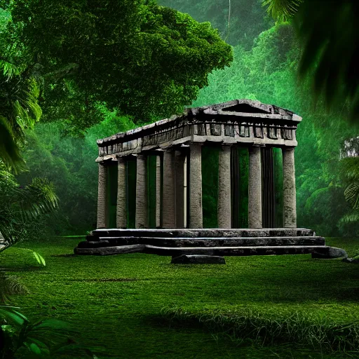 Prompt: ancient greek temple ruins in a lush rainforest, photorealistic, cinematic, filmic, volumetric lighting