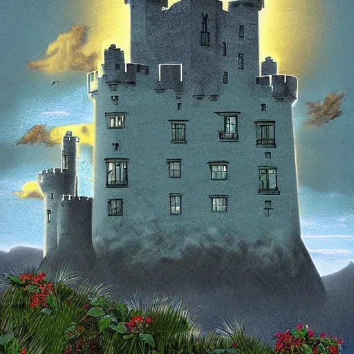 Image similar to Irish castle on an island, digital art, vintage pulp art