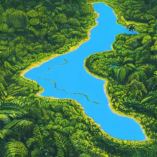 Prompt: amazon river winding through the rainforest, concept art, illustrated, highly detailed, high quality, bright colors, optimistic,