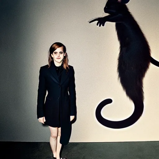 Prompt: emma watson standing in front of a giant mouse, photography by annie leibovitz