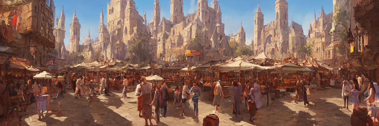 Prompt: a busy medieval Mediterranean street market in the style of Sylvain Sarrailh, beautiful digital art, cinematic composition, detailed, concept art, Matt painting, oil painting, high res