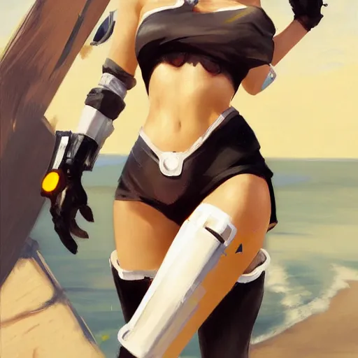 Prompt: greg manchess portrait painting of 2 b nier automata as tracer from overwatch in a bikini on the beach, organic painting, sunny day, matte painting, bold shapes, hard edges, street art, trending on artstation, by huang guangjian and gil elvgren and sachin teng