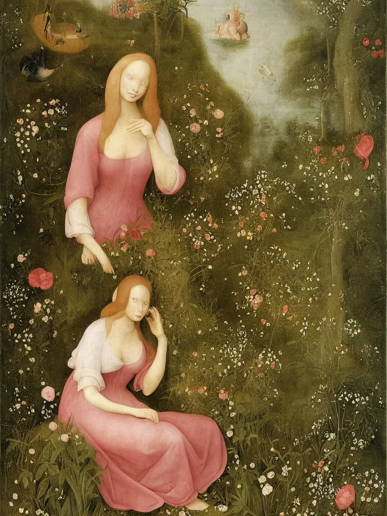 Prompt: beautiful woman with long golden hair, wearing chiffon dress, sitting among large flowers in her beautiful, lush garden, in the style of hieronymus bosch,