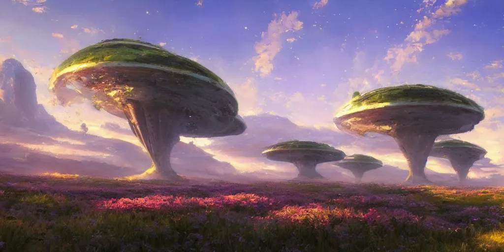 Prompt: an extraordinarily beautiful oil painting of an alien starship in a landscape in spring during sunrise ; lush vegetation ; the most beautiful painting in the world ; by makoto shinkai and craig mullins