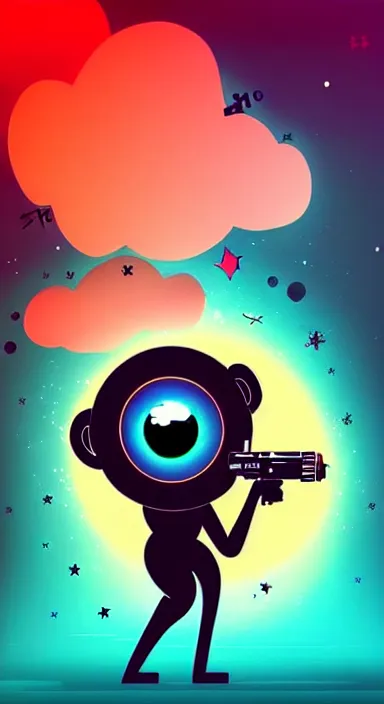 Image similar to “ big eye monkey holding laser gun floating in clouds, digital art, super aesthetic, art station childish style ”