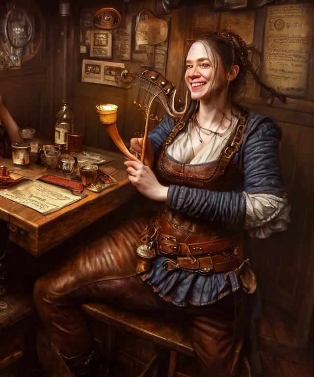 Prompt: hyperrealistic mixed media painting of a grinning female bard, dimly lit cozy tavern, leather tunic, confident relaxed pose, d&d, stunning 3d render inspired art by Tim Okamura and Lise Deharme + perfect facial symmetry + dim volumetric lighting, 8k octane beautifully detailed render, post-processing, extremely hyperdetailed, intricate, epic composition, grim yet sparkling atmosphere, cinematic lighting + masterpiece, trending on artstation, very very detailed, masterpiece, stunning