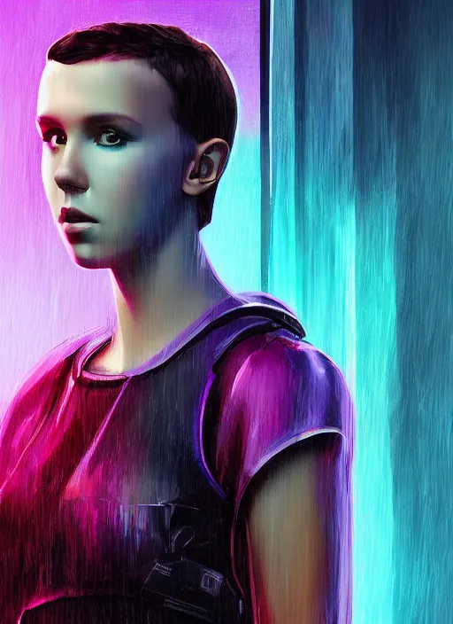 Prompt: Digital Art Portrait of cyberpunk Millie Bobby Brown