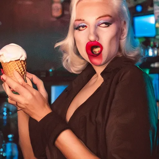 Image similar to marilyn manroe licking a melting ice cream cone sitting in a cyberpunk pub