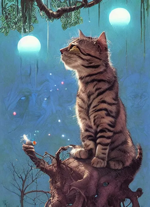 Image similar to a hyper realistic cat god with happy lighting and technology jewelry in the woods gorgeous lighting, sunbeams blue sky, lush forest foliage painting by chiara bautista and beksinski and norman rockwell and greg rutkowski weta studio, and lucasfilm