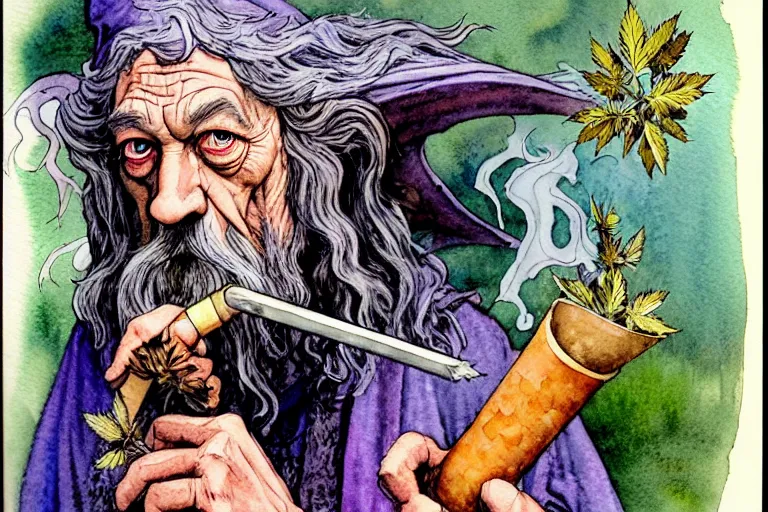 Image similar to a realistic and atmospheric watercolour fantasy character concept art portrait of gandalf with pink eyes lying on his back looking happy and confused and smoking weed out of his pipe with a pot leaf nearby, by rebecca guay, michael kaluta, charles vess and jean moebius giraud