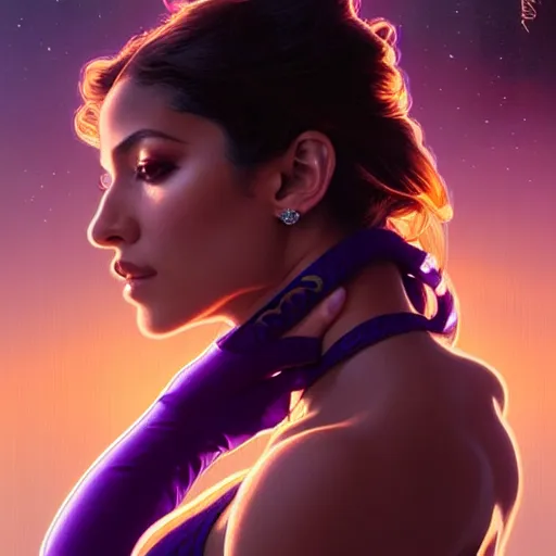 Image similar to Portrait of very very very very very very beautiful Latina woman, spacesuit, purple eyes, intricate, elegant, highly detailed, digital painting, artstation, concept art, smooth, sharp focus, illustration, art by artgerm and greg rutkowski and alphonse mucha