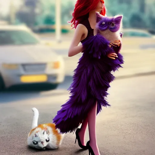 Image similar to Full body photo of a beautiful girl with long purplish red hair standing at the bus stop, wearing a puffed Turquoise dress and high heels, holding a white fluffy kitten, hyperrealistic, highly detailed, highly focused, depth of field, High definition, 8k, octane render, artstation