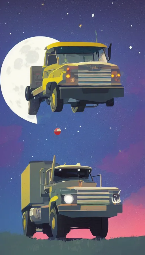 Prompt: truck against a moon, shooting stars, sharp focus, james gilleard, print, game art