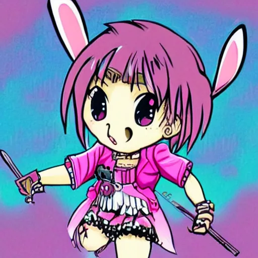 Prompt: pink chibi bunny mecha cute 90s girlboss
