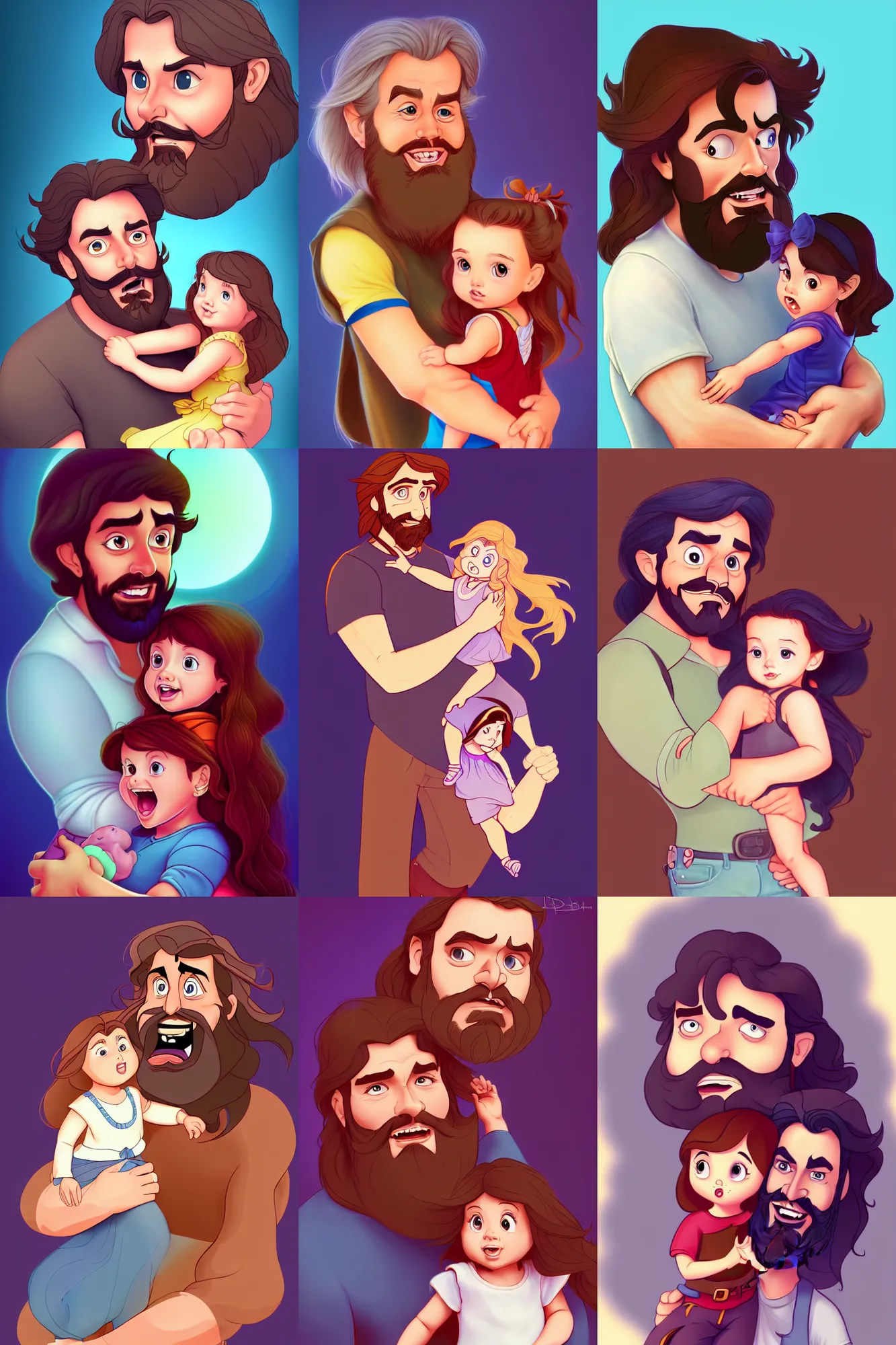 Image similar to a long - haired bearded father and his child toddler girl full color digital illustration in the style of don bluth, artgerm, artstation trending, 4 k