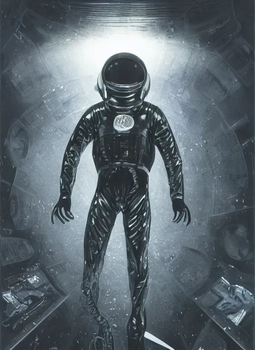 Image similar to astronauts in dark and empty void underwater - complex and hyperdetailed technical suit. reflection and dispersion materials. rays and dispersion of light. volumetric light. 5 0 mm, f / 3 2. noise film photo. flash photography. ultra realistic, wide angle. poster by wayne barlowe, hajime sorayama aaron horkey, craig mullins
