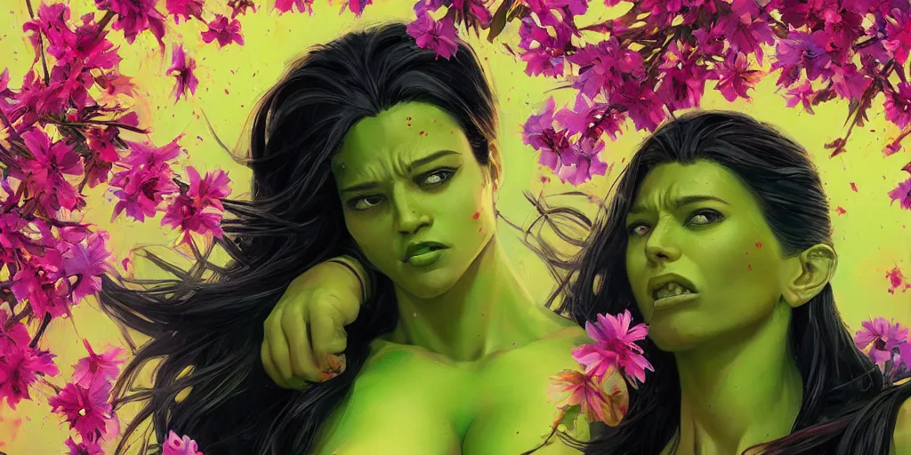 Prompt: A ultradetailed beautiful portrait panting of a She-Hulk with a colorful explosion of flowers coming out of her neck, Oil painting, by Ilya Kuvshinov, Greg Rutkowski and Makoto Shinka
