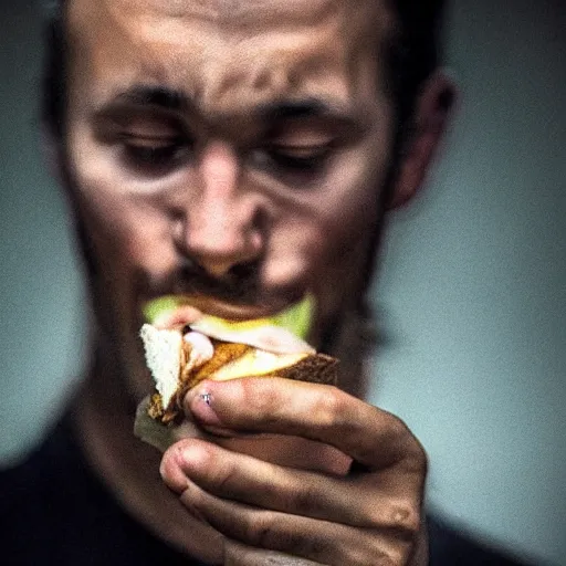 Prompt: a man eating the last sandwhich while looking sad, realistic photo,