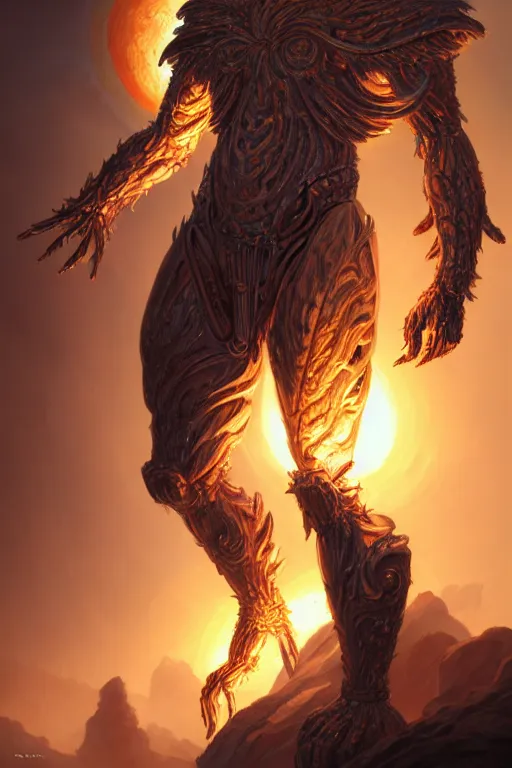 Image similar to humanoid god of the sun, highly detailed, d & d, fantasy, hyper detailed, digital painting, trending on artstation, apollo, concept art, sharp focus, illustration, art by artgerm and magali villeneuve and greg rutkowski and michael whelan, cryengine, 8 k realistic atmospheric lighting, frostbite 3 engine