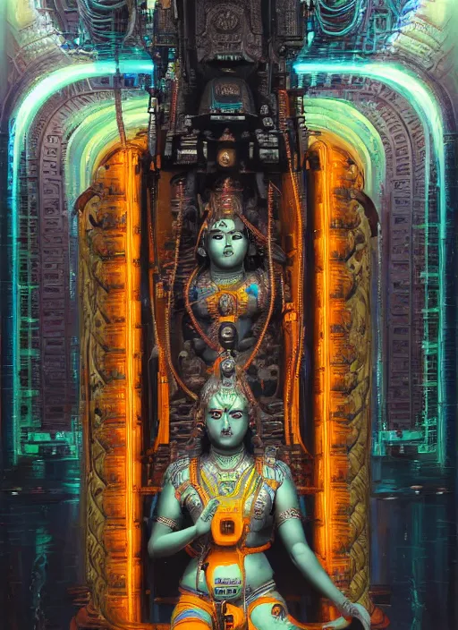 Image similar to cybertronic shiva statue in a hindu temple, futuristic, neal ashermiles johnston kuroda realism ozabu john william godward, painterly, yoshitak, sci - fi, cyberpunk, artstation, conceptual, hyperdetailed, donato giancola, james gurney, neon lights, mood lighting, rust