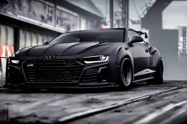 Prompt: widebody all black audi camaro b 9 ( 2 0 2 0 ), need for speed : carbon, at night, sci - fi, neon lines, phonk music background, smoke behind wheels, noise, dark, establishing shot, by simon stalenhag