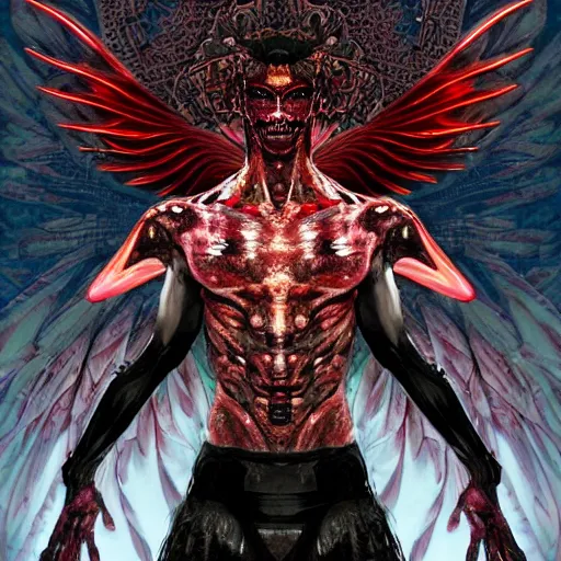 Image similar to 4K headshot of godlike Alien with defined arms and open hands and bloody clothes with giant mandala wings , intricate face , flawless anime cel animation by Kentaro Miura, psychedelic , highly detailed upper body , professionally post-processed , beautiful, scary, symmetry accurate features, epic, octane rendered, anime masterpiece, accurate by Craig Mullins, ilya kuvshinov, krenz cushart, epic , artgerm trending on artstation by Edward Hopper and Dan Mumford and WLOP and Rutkovsky, beksinski carl spitzweg moebius and tuomas kocar, intricate artwork by caravaggio, Unreal Engine 5, Lumen, Nanite