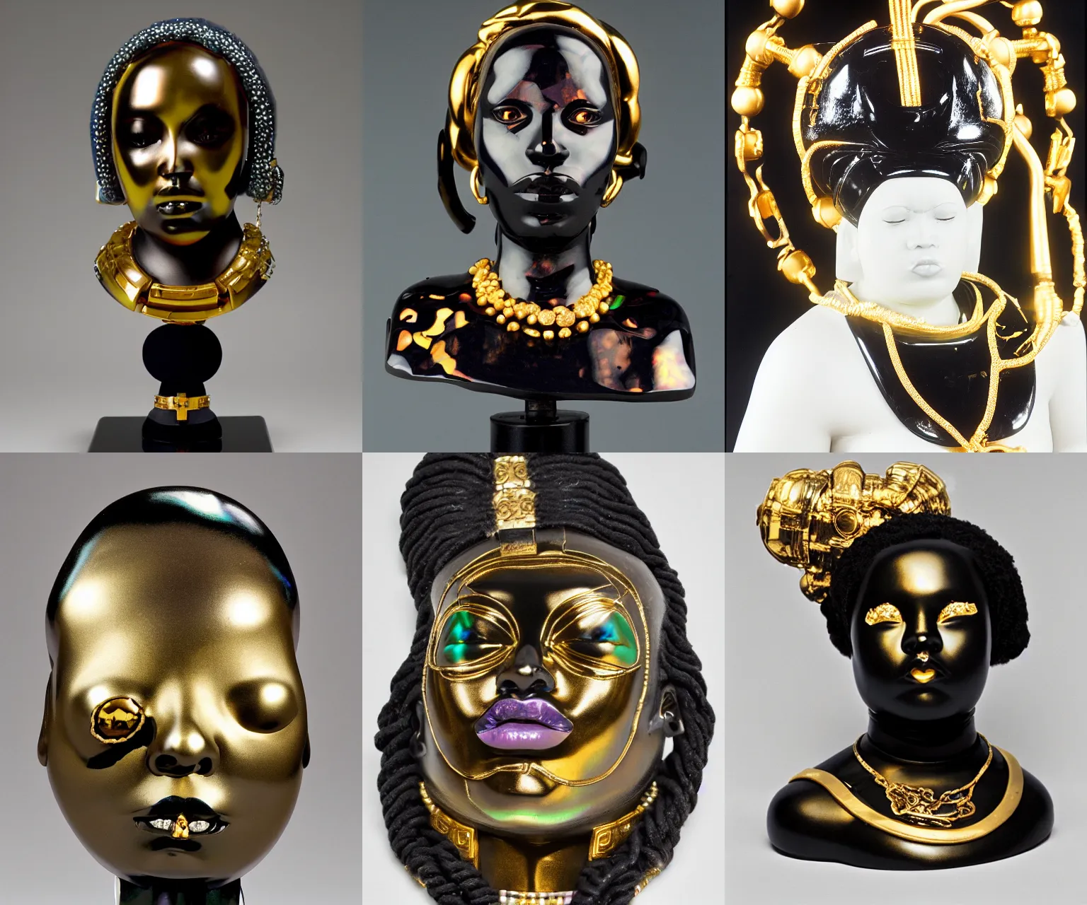 Prompt: iridescent tanslucent onyx and gold bust of angry futuristic obese cybernetic black girl empress, museum piece, 3 5 mm film photograph