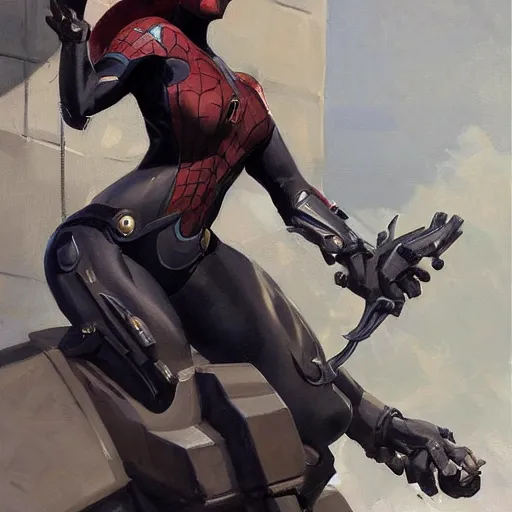 Image similar to greg manchess portrait painting of an armored dark female iron spiderman as overwatch character, medium shot, asymmetrical, profile picture, organic painting, sunny day, matte painting, bold shapes, hard edges, street art, trending on artstation, by huang guangjian, gil elvgren, ruan jia, greg rutkowski, gaston bussiere