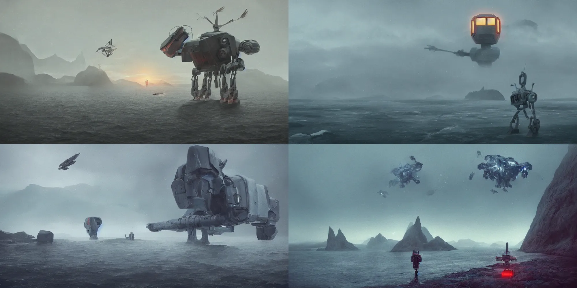 Prompt: By the coast of Nordland in Norway, a large flying robot is on the hunt in the distance, dreamy misty high-resolution dystopian sci-fi digital art in the style of Simon Stalenhag, constructivism, featured on Artstation