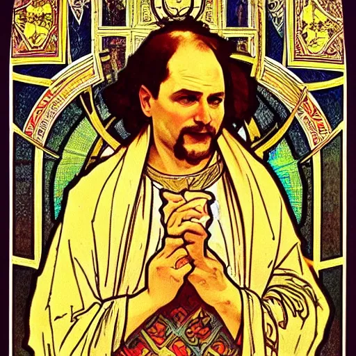 Image similar to “ george costanza, saint, by alphonse mucha ”