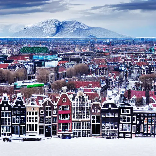 Prompt: amsterdam covered in snow, mountains in the background, 2019 photograph