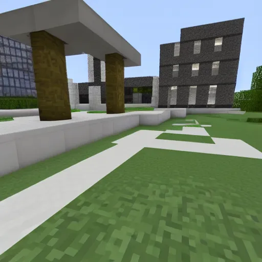 Image similar to college campus sidewalk with a rectangular and new college building in the background,, ( ( minecraft ) ) style, shaders