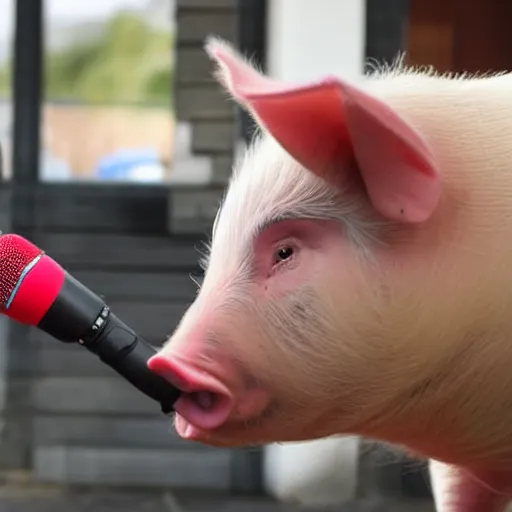 Prompt: a woman interrupts a pig with a microphone