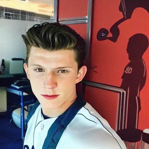 Image similar to “a realistic photo of a guy who is an attractive baseball player man who is part cyborg and part humanoid, who is a robot, Tom Holland”