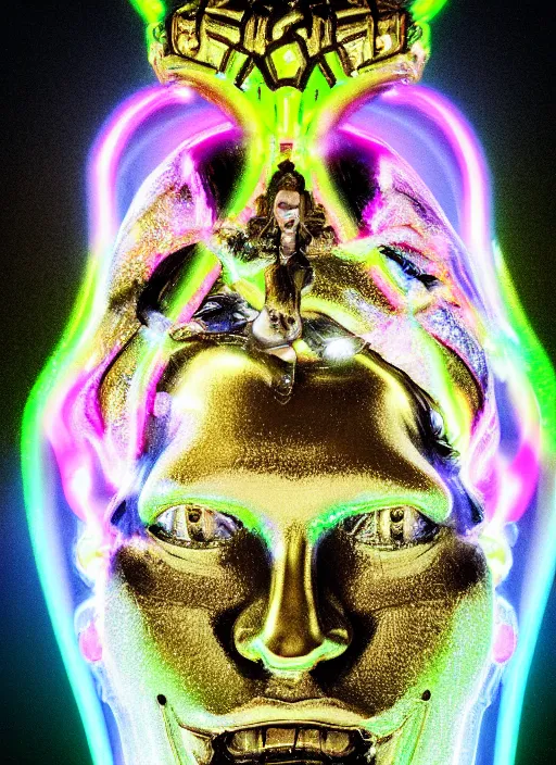 Image similar to photo of baroque and bladerunner delicate neon diamond sculpture of ceramic seductive albino prince diego villarreal rock and roll sticking tongue out, creamy pink iridescent humanoid deity wearing tiger fur hoody holding diamond skull in a green metallic dungeon, reclining, glowing rainbow face, crown of white diamonds, cinematic lighting, photorealistic, octane render 8 k depth of field 3 d