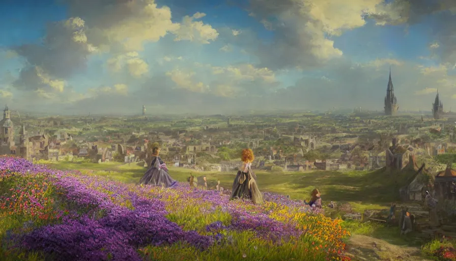 Prompt: over the shoulder landscape painting of violet evergarden standing on a distant colorful flower hill, behind it a distant old european city leiden from violet evergarden next to the reflecting ocean, ocean, sunshine, fantasy, intricate, elegant, highly detailed, digital painting, artstation, blender, unreal engine 5, octane render, smooth, sharp focus, illustration, by Anton Fadeev and Philipp A. Urlich and Pengzhen Zhang and Andreas Rocha